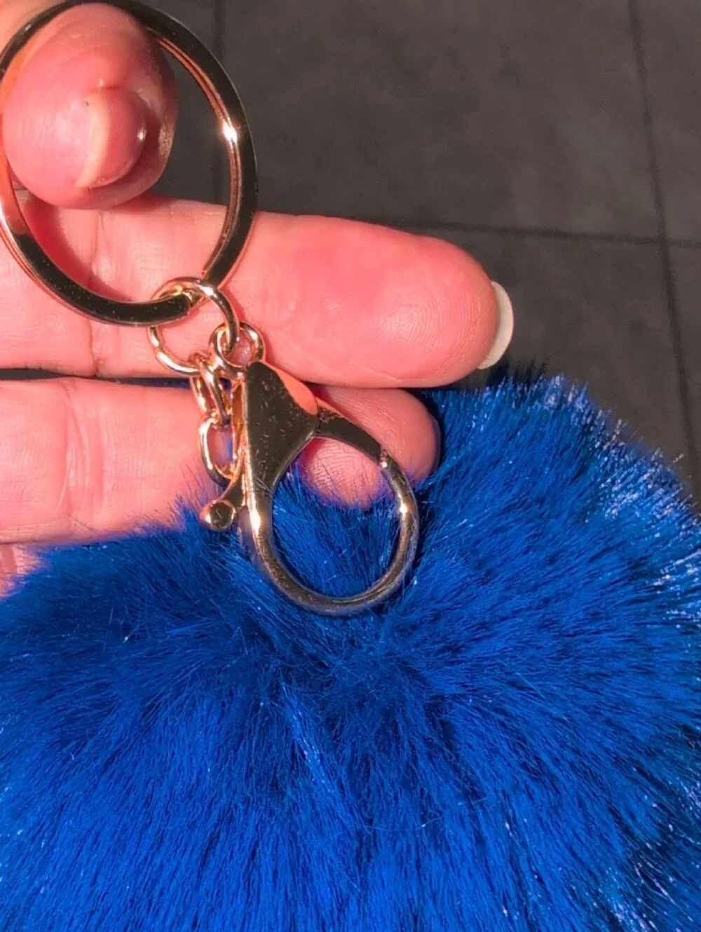 Blue Faux Fur Pom Pom Keychain with Gold Hardware